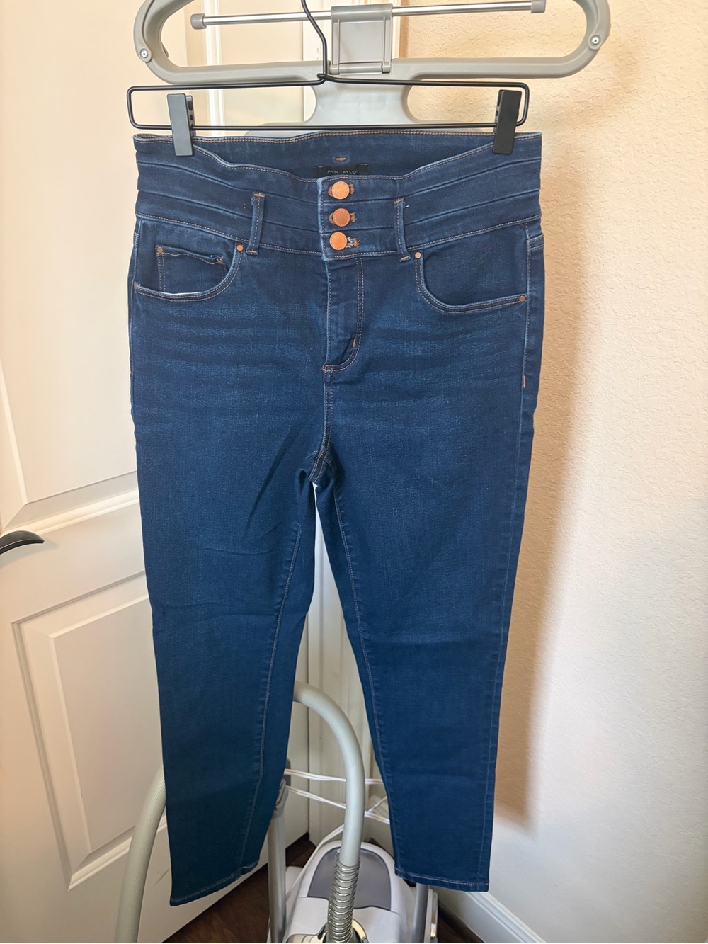Ann Taylor Dark Blue Skinny Jeans with Triple Button Waist
